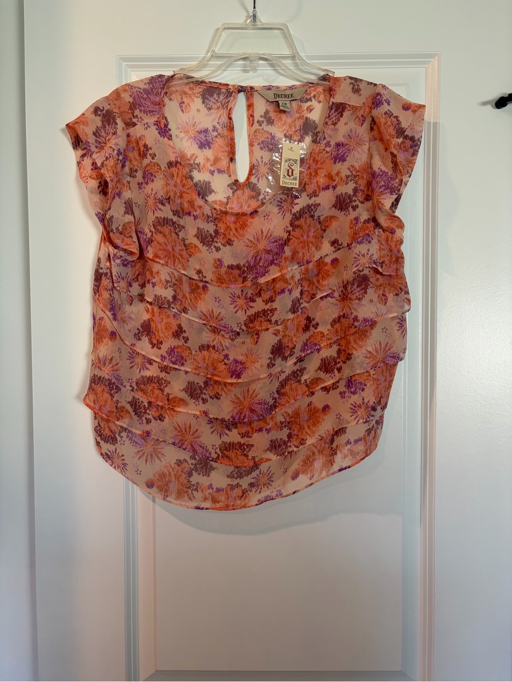 Decree Pink Orange Floral Ruffle Sheer Blouse NWT
